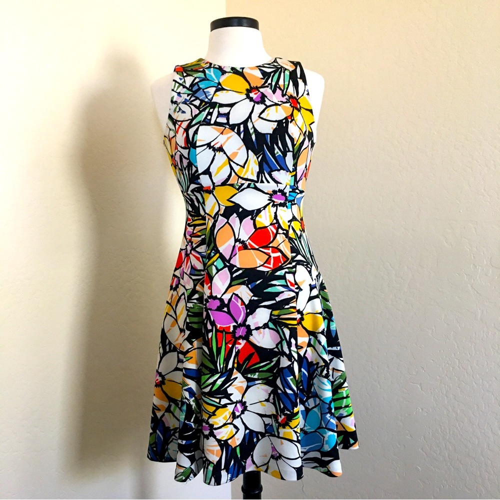 Spense Colorful Abstract Floral Midi Dress, Size 4